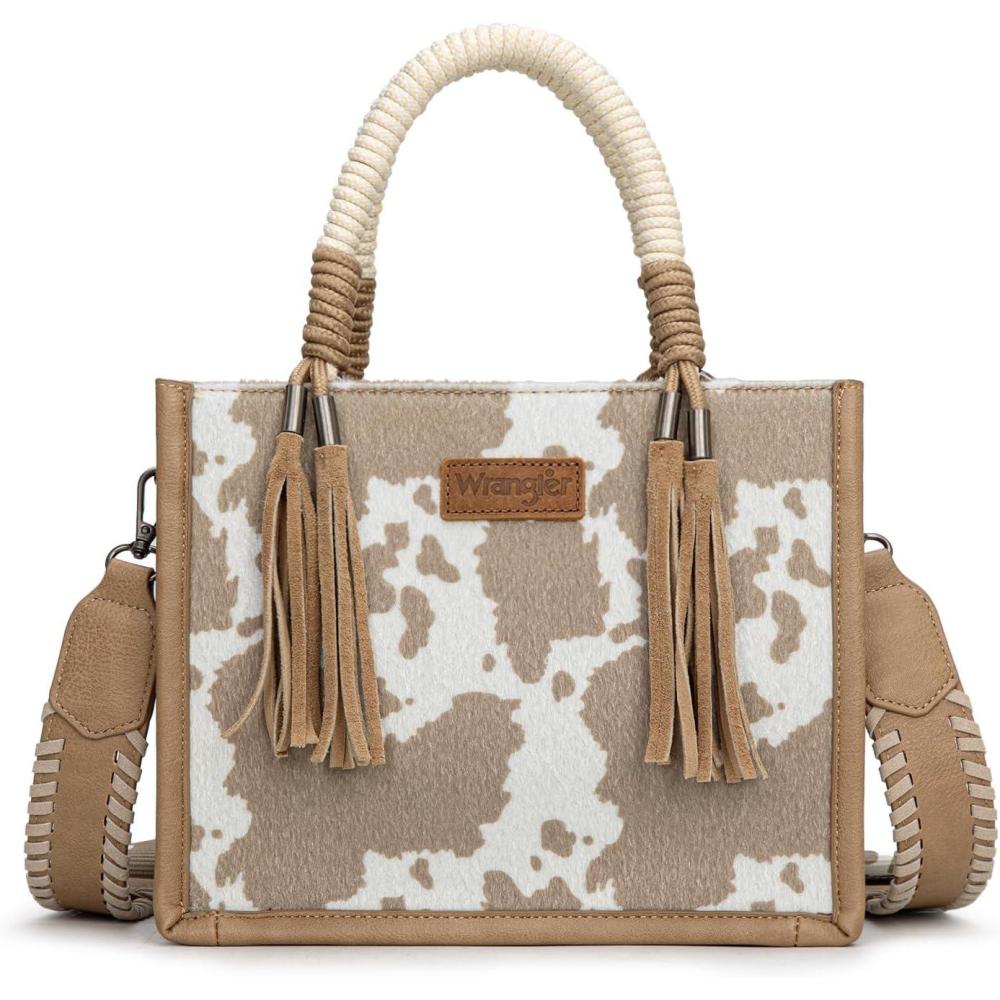 imageMontana West X Wrangler Tote Bag Cow Print Western Satchel Bags for Women with Braided Rope HandleKhaki