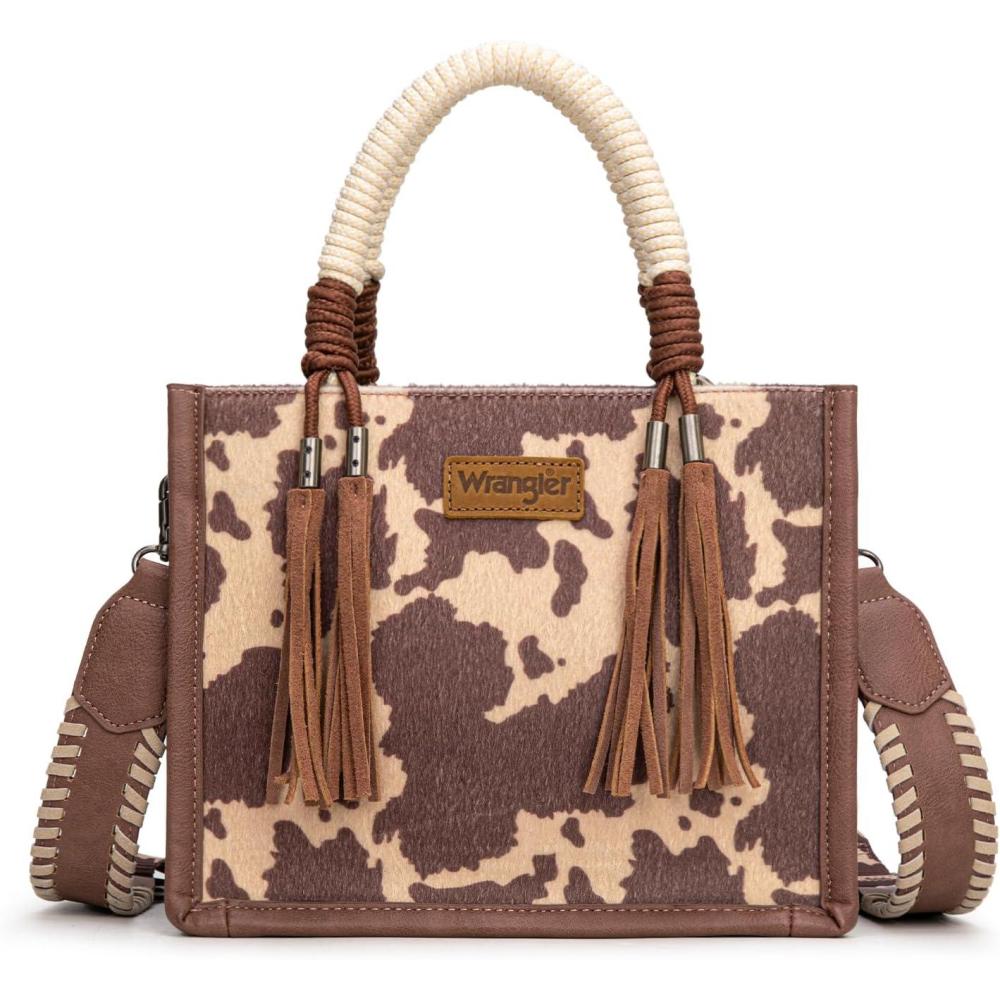 imageMontana West X Wrangler Tote Bag Cow Print Western Satchel Bags for Women with Braided Rope HandleLight Coffee