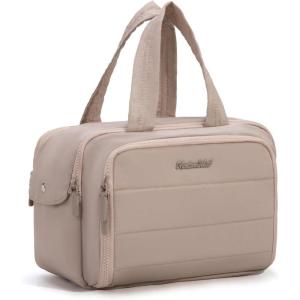 imageMontana West Travel Toiletry Bag Large Capacity Travel Bags Soft Makeup Organizer Lightweight Puffy Cosmetic Bag with Waterproof CompartmentKhaki