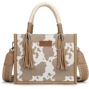 imageMontana West X Wrangler Tote Bag Cow Print Western Satchel Bags for Women with Braided Rope HandleKhaki
