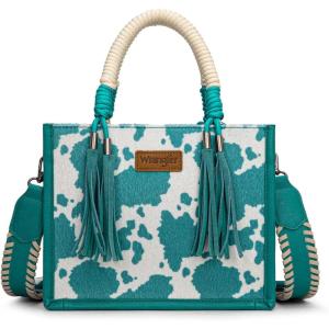 imageMontana West X Wrangler Tote Bag Cow Print Western Satchel Bags for Women with Braided Rope HandleTurquoise