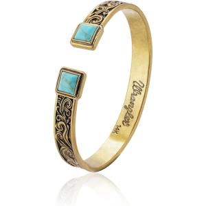 imageMontana West Wrangler Western Turquoise Bracelet for Women Cowgirl Country Adjustable Silver Plated Carved Floral Open Cuff Bangle JewelryGoldTurquoise