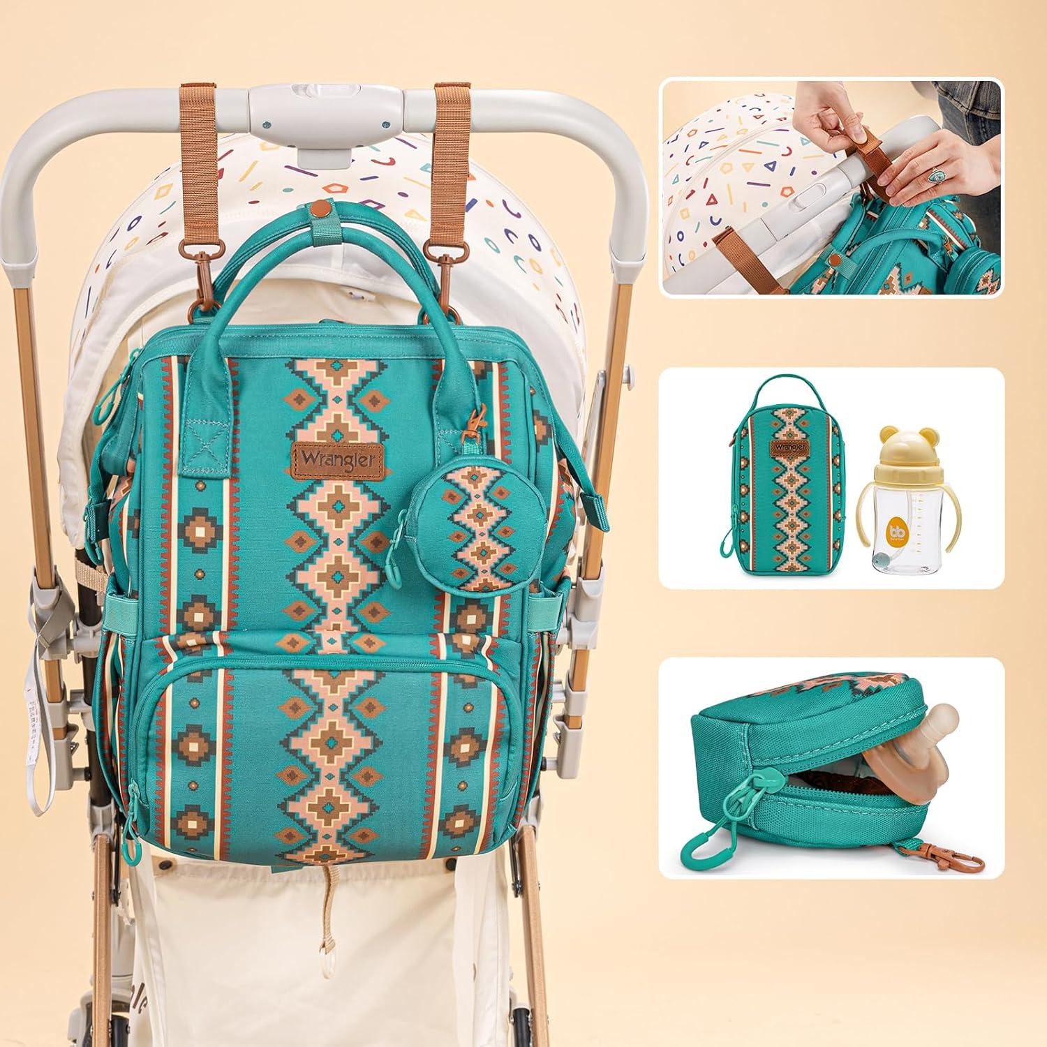 imageMontana West Wrangler Callie Diaper Bag Backpack with Pacifier Case Crossbody Bottle Bag and Stroller Straps Western Pattern Multifunction Baby Travel Bag Set WG22159110TN3pcsturquoise