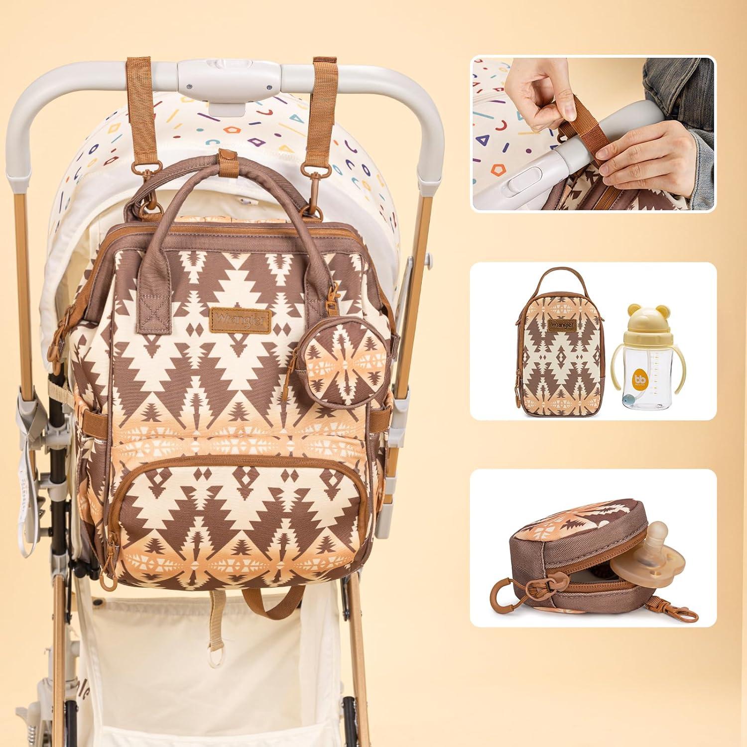 imageMontana West Wrangler Callie Diaper Bag Backpack with Pacifier Case Crossbody Bottle Bag and Stroller Straps Western Pattern Multifunction Baby Travel Bag Set WG22159110TN3pcsbrown