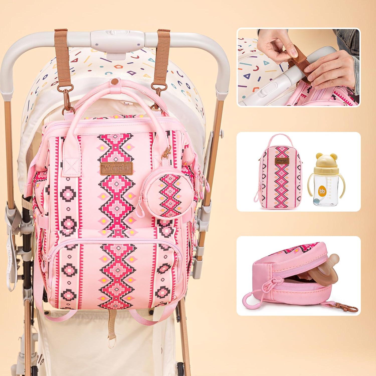 imageMontana West Wrangler Callie Diaper Bag Backpack with Pacifier Case Crossbody Bottle Bag and Stroller Straps Western Pattern Multifunction Baby Travel Bag Set WG22159110TN3pcspink