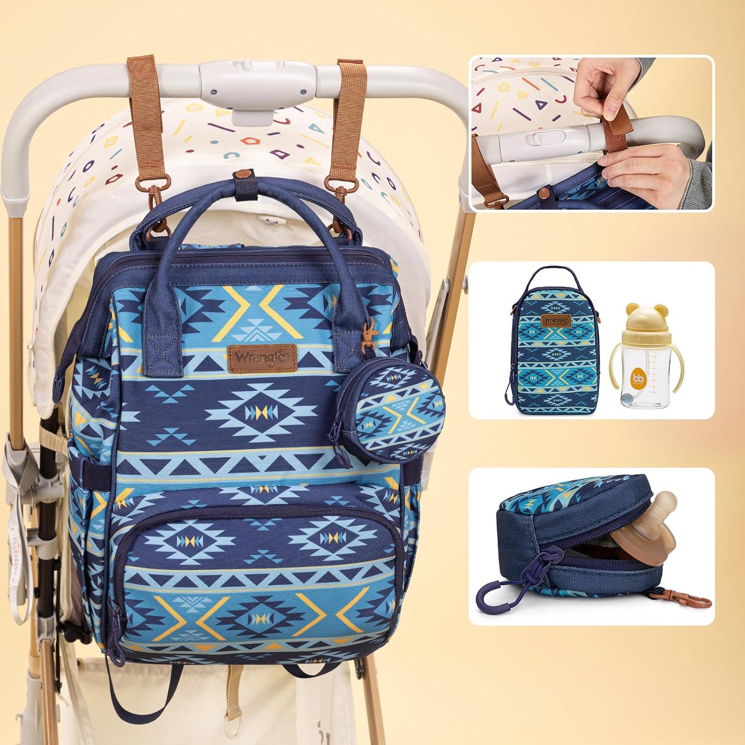imageMontana West Wrangler Callie Diaper Bag Backpack with Pacifier Case Crossbody Bottle Bag and Stroller Straps Western Pattern Multifunction Baby Travel Bag Set WG22159110TN3pcsnavy