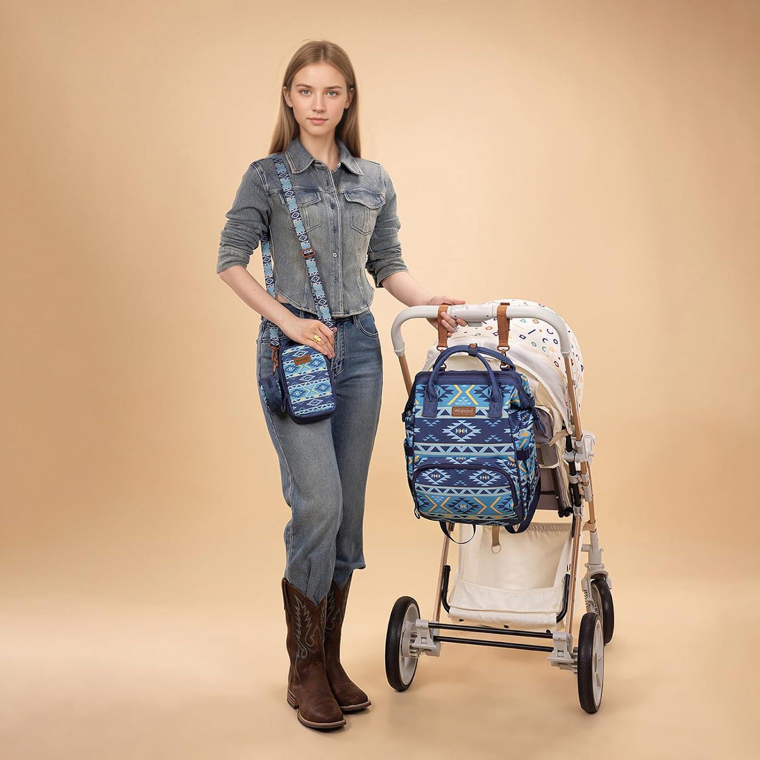 imageMontana West Wrangler Callie Diaper Bag Backpack with Pacifier Case Crossbody Bottle Bag and Stroller Straps Western Pattern Multifunction Baby Travel Bag Set WG22159110TN3pcsnavy