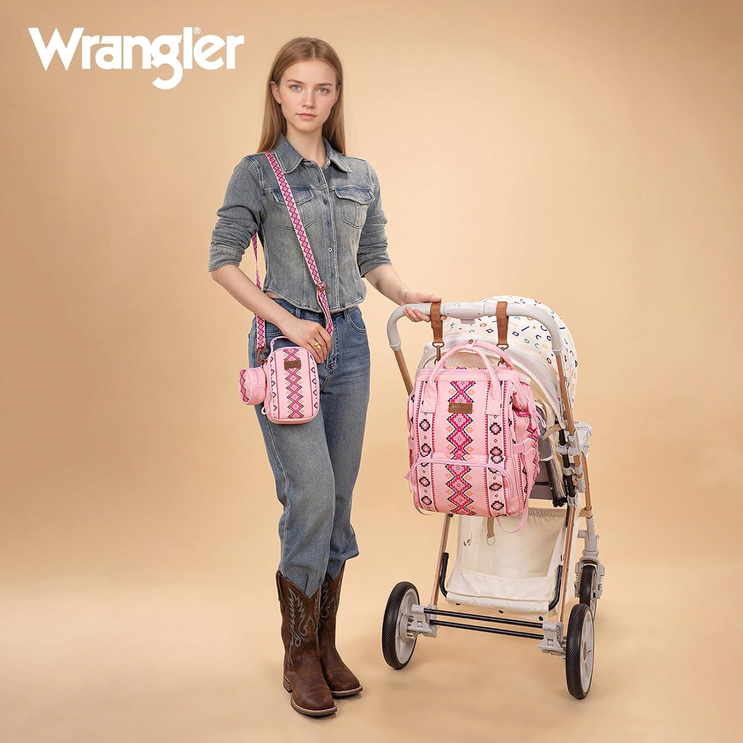 imageMontana West Wrangler Callie Diaper Bag Backpack with Pacifier Case Crossbody Bottle Bag and Stroller Straps Western Pattern Multifunction Baby Travel Bag Set WG22159110TN3pcspink