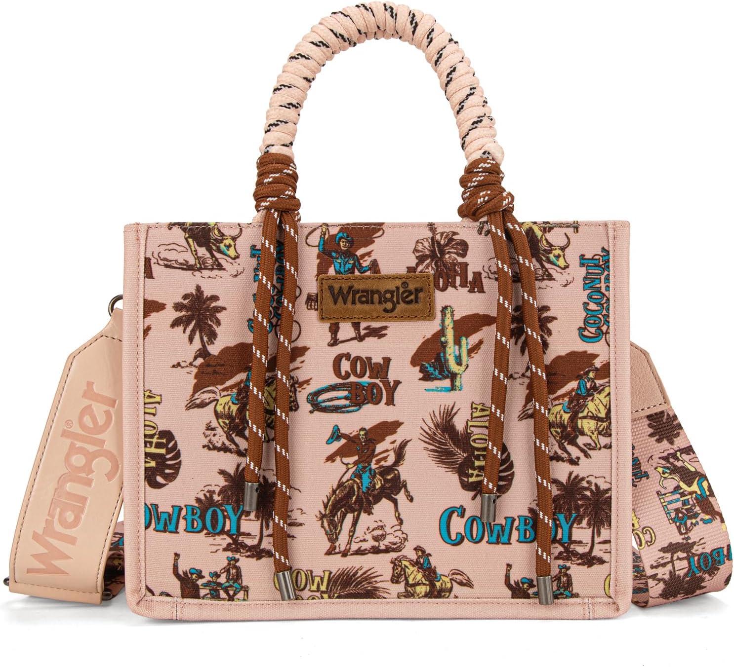 imageMontana West Wrangler Tote Bag Western Satchel Bags for Women with Braided Rope HandlesWide Strapcowgirl Pink