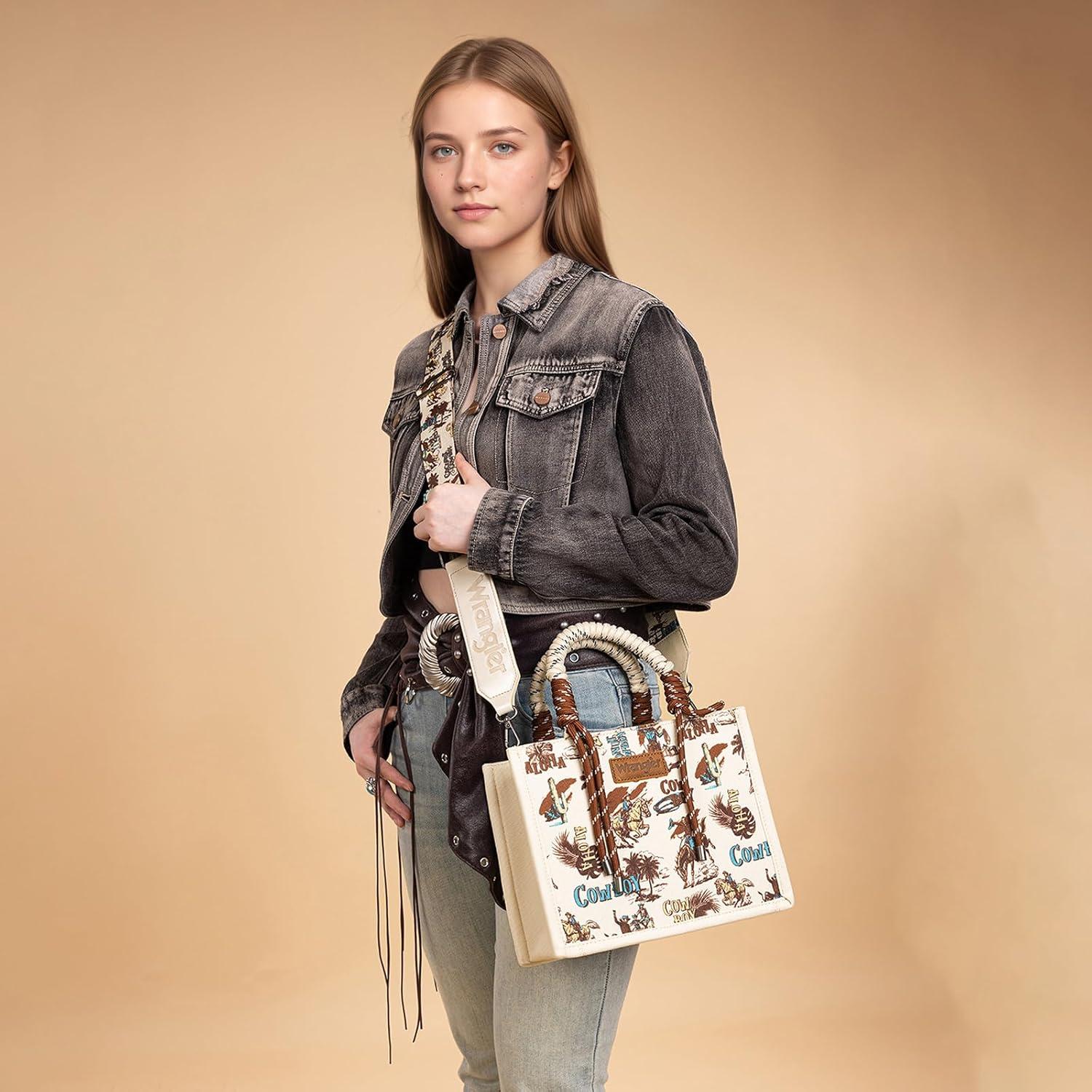 imageMontana West Wrangler Tote Bag Western Satchel Bags for Women with Braided Rope HandlesWide Strapcowgirl Tan