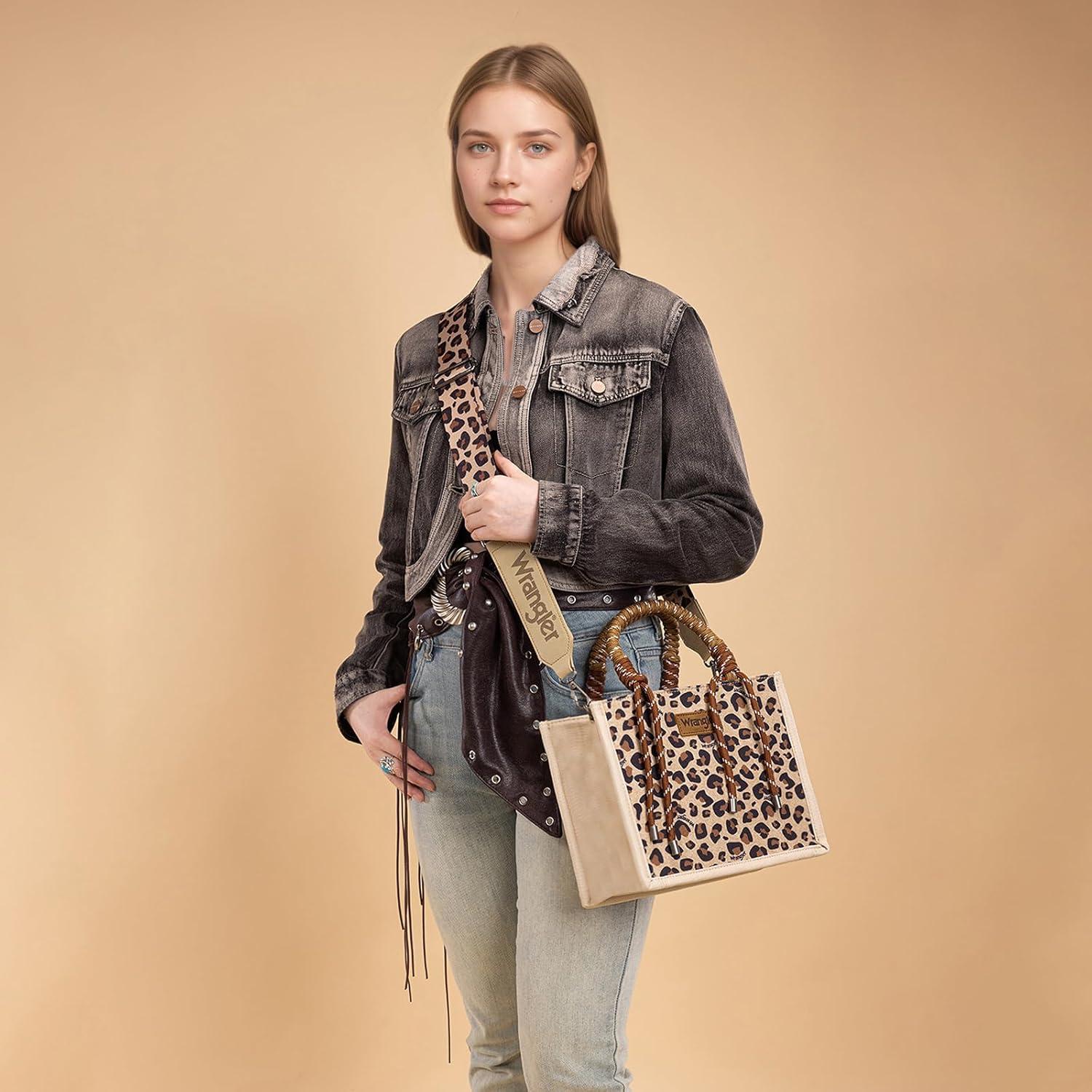 imageMontana West Wrangler Tote Bag Western Satchel Bags for Women with Braided Rope HandlesWide Strapleopard Brown