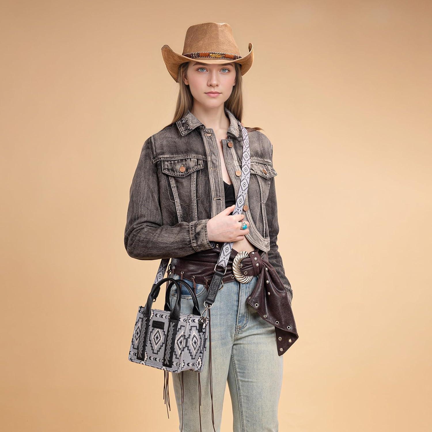 imageWrangler Mini Tote Bag Small Top Handle Bag Ladies Woven Satchel HandbagBoho Black