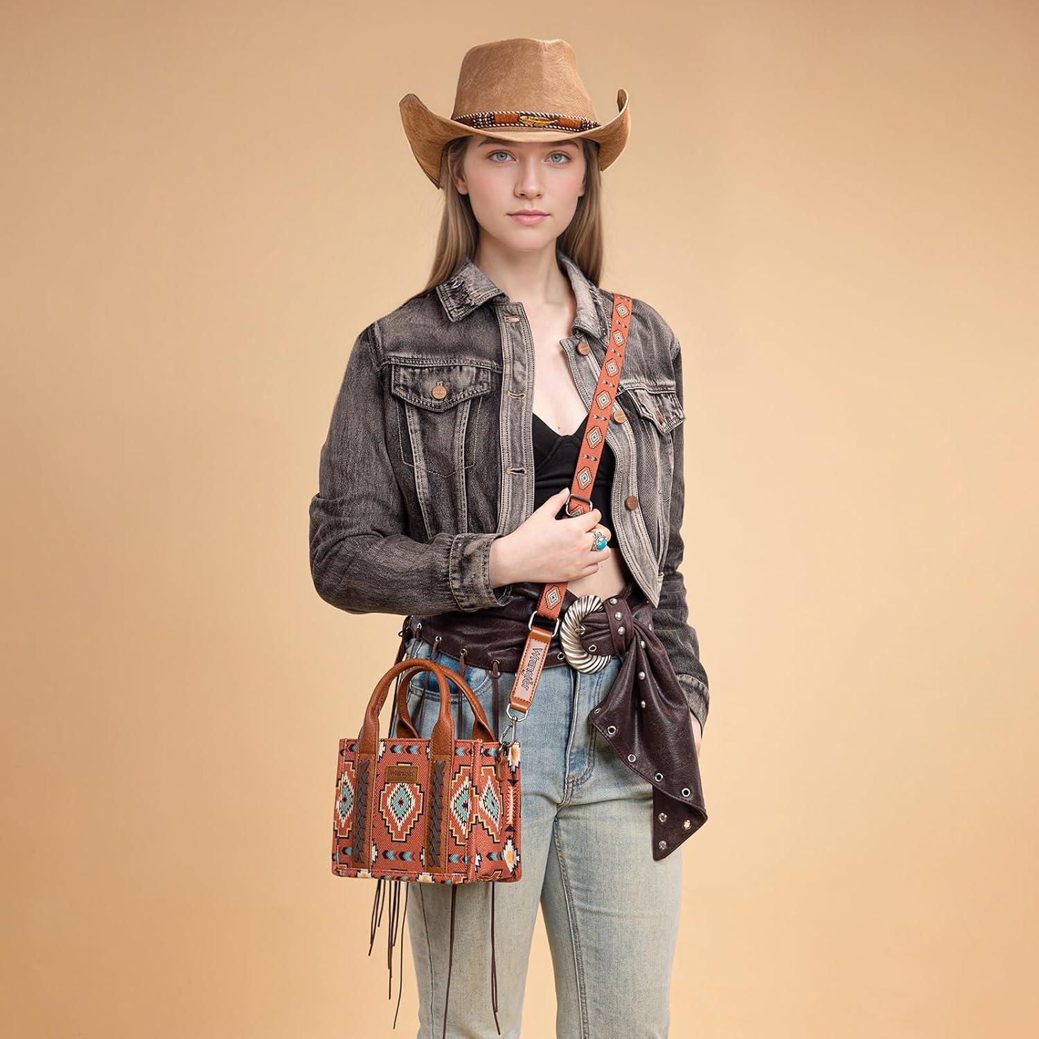 imageWrangler Mini Tote Bag Small Top Handle Bag Ladies Woven Satchel HandbagBoho Brown