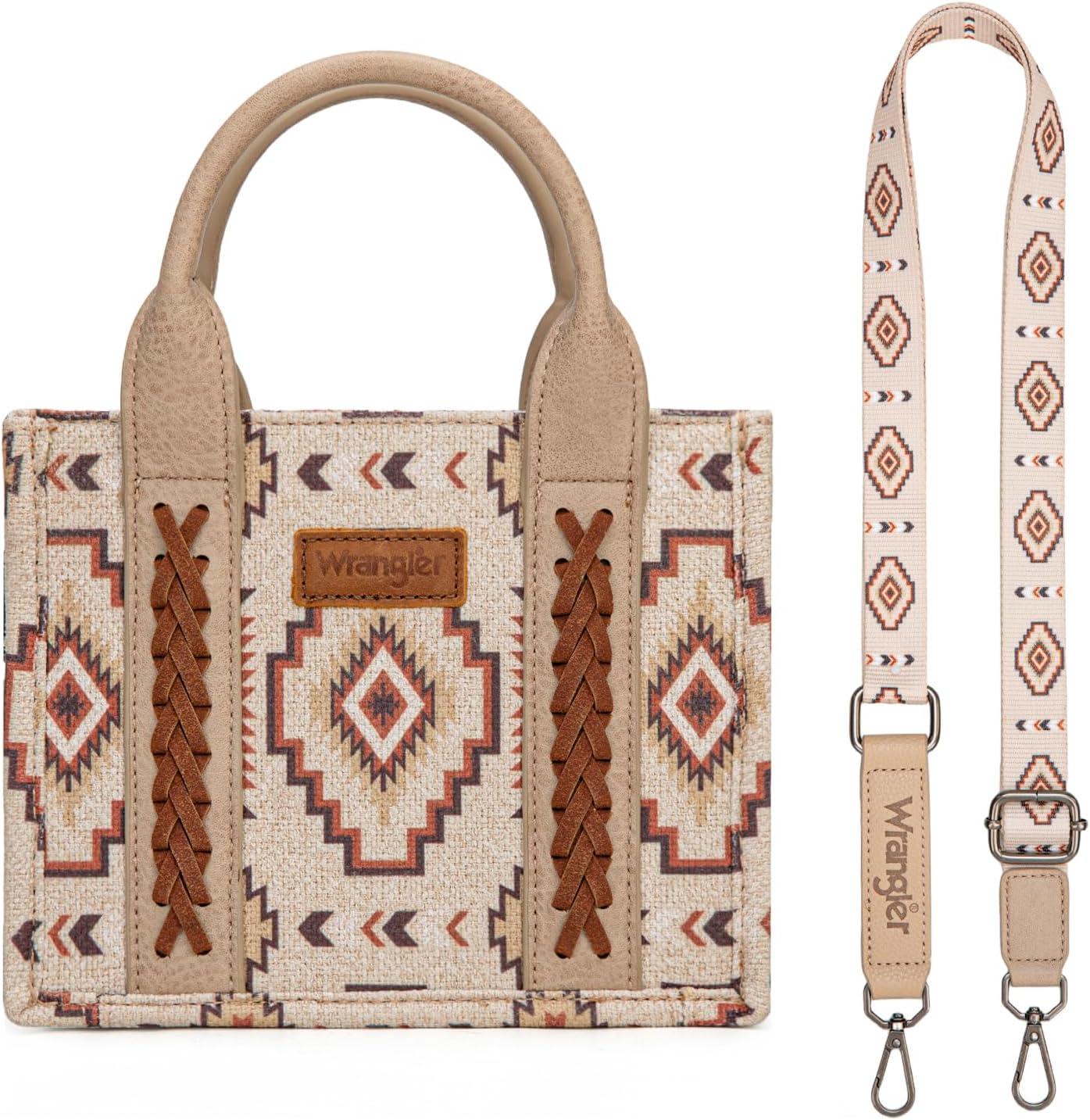 imageWrangler Mini Tote Bag Small Top Handle Bag Ladies Woven Satchel HandbagBoho Tan