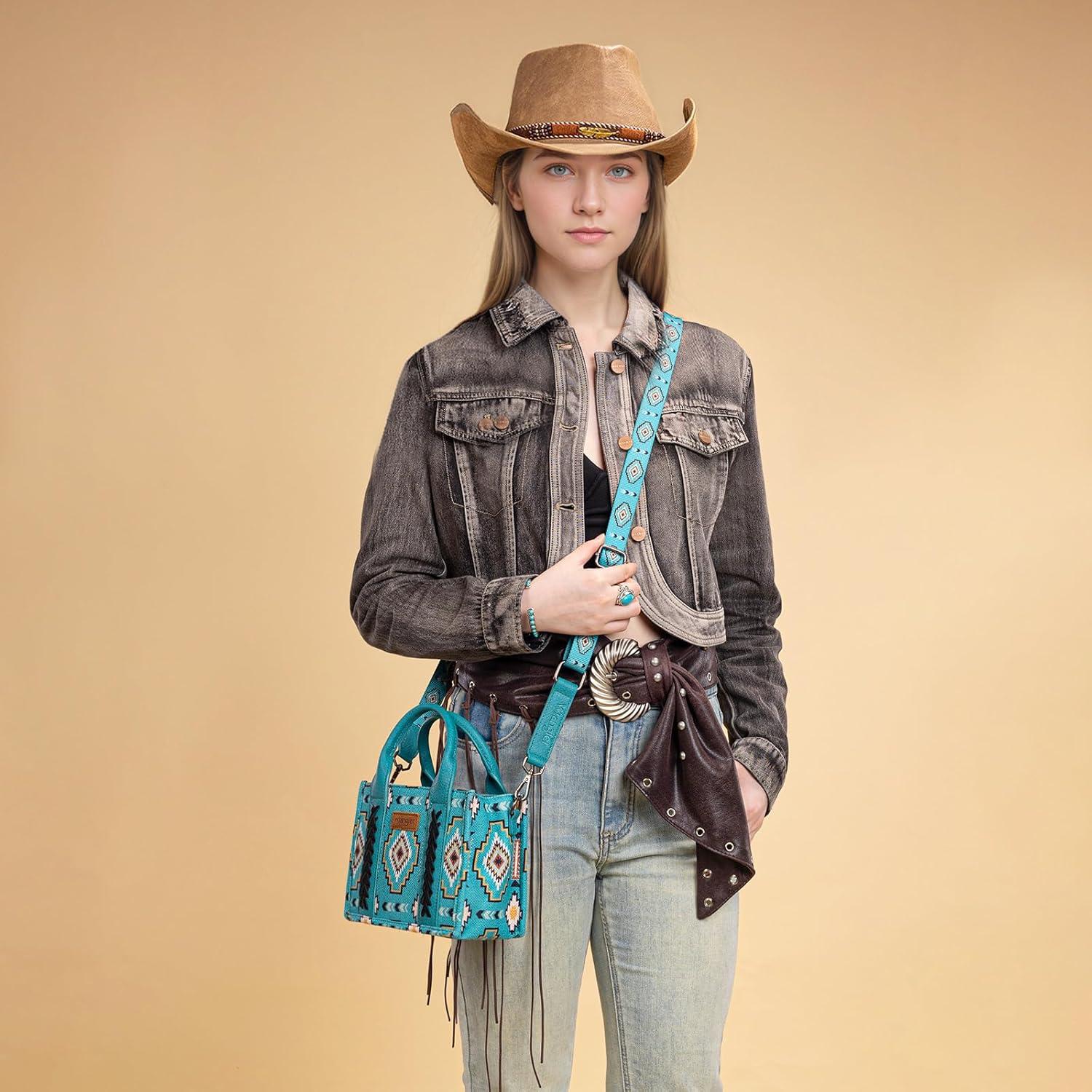 imageWrangler Mini Tote Bag Small Top Handle Bag Ladies Woven Satchel HandbagBoho Turquoise