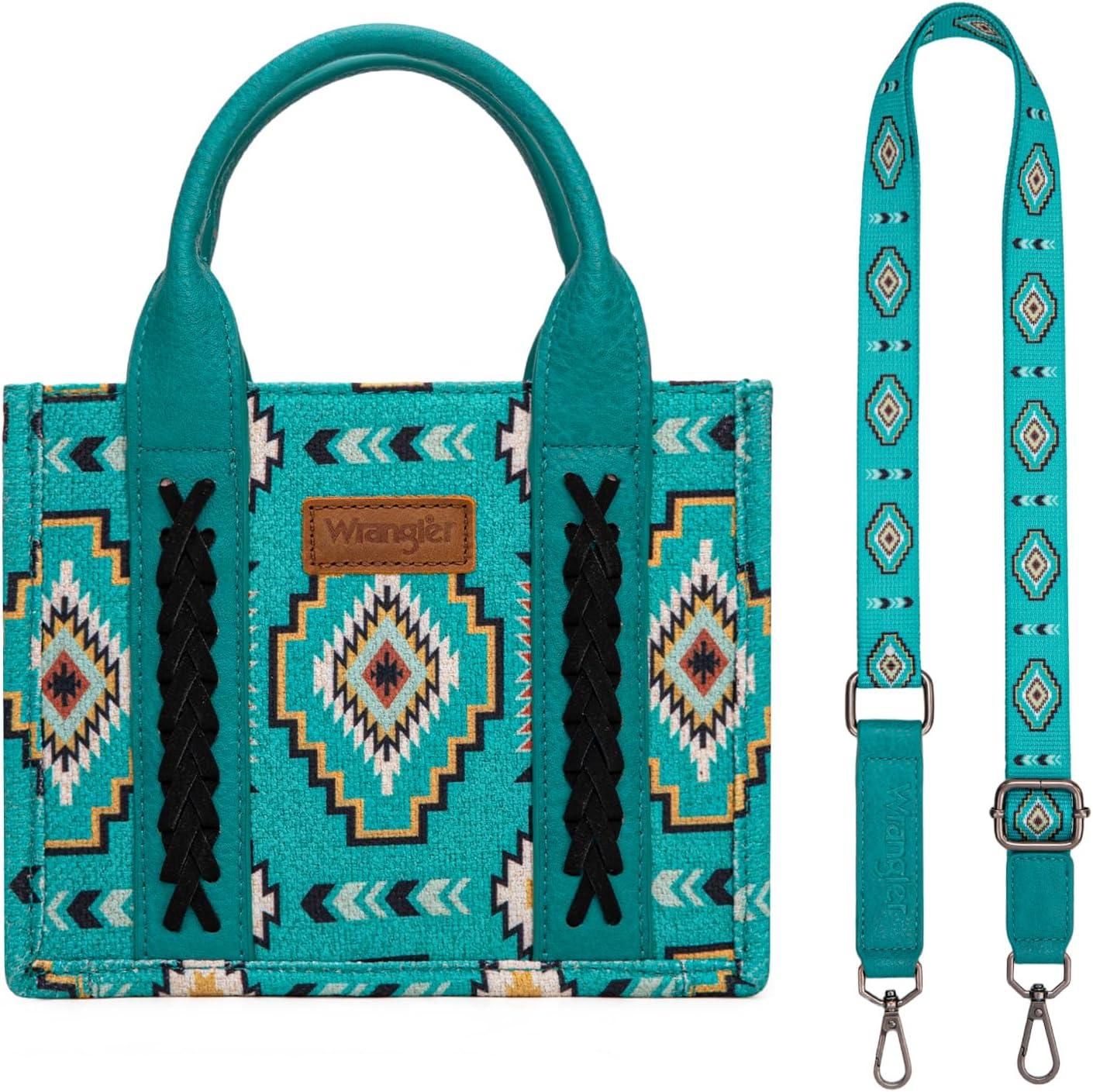 imageWrangler Mini Tote Bag Small Top Handle Bag Ladies Woven Satchel HandbagBoho Turquoise