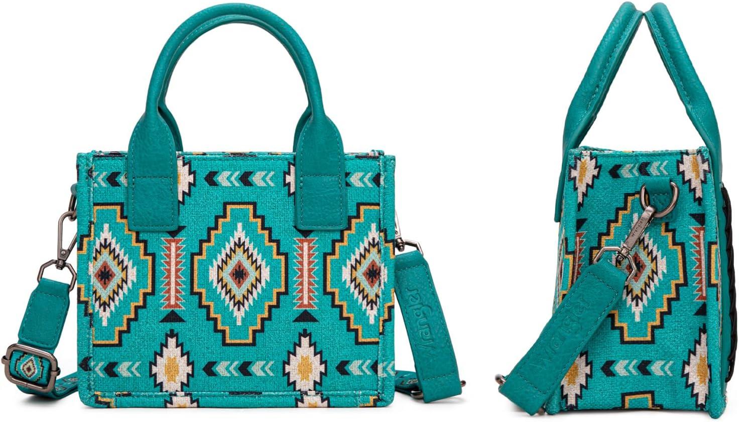 imageWrangler Mini Tote Bag Small Top Handle Bag Ladies Woven Satchel HandbagBoho Turquoise
