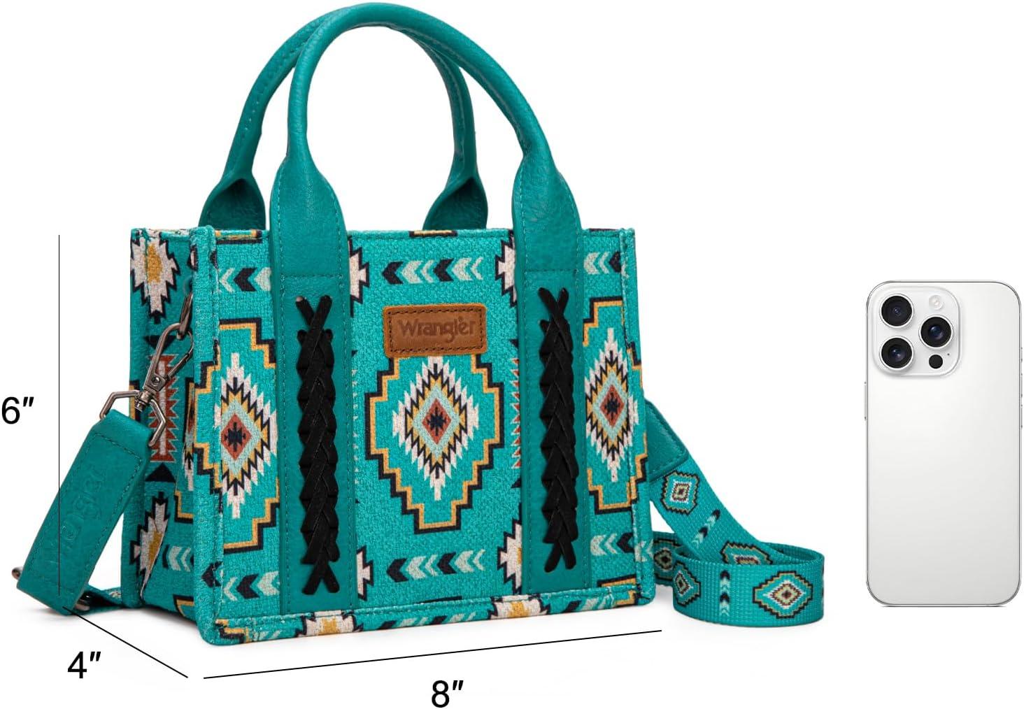 imageWrangler Mini Tote Bag Small Top Handle Bag Ladies Woven Satchel HandbagBoho Turquoise