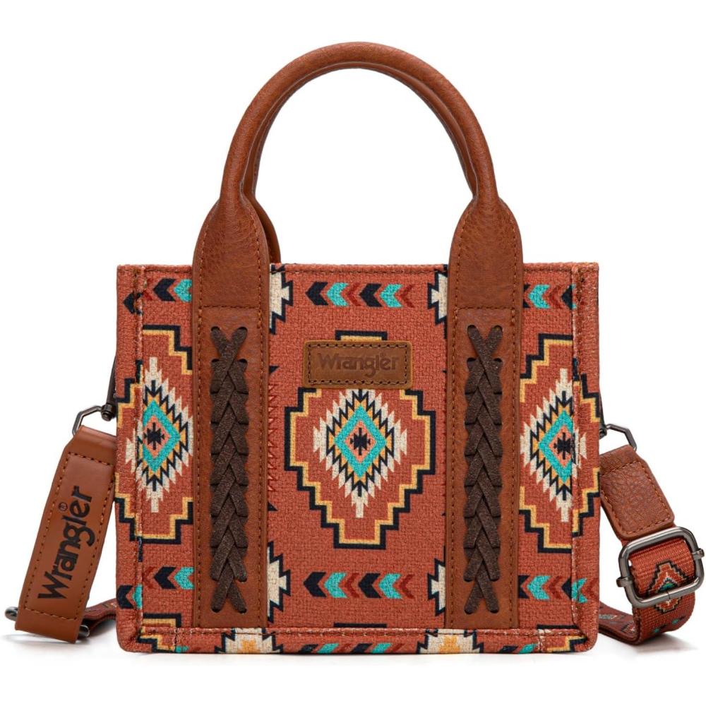 imageWrangler Mini Tote Bag Small Top Handle Bag Ladies Woven Satchel HandbagBoho Brown