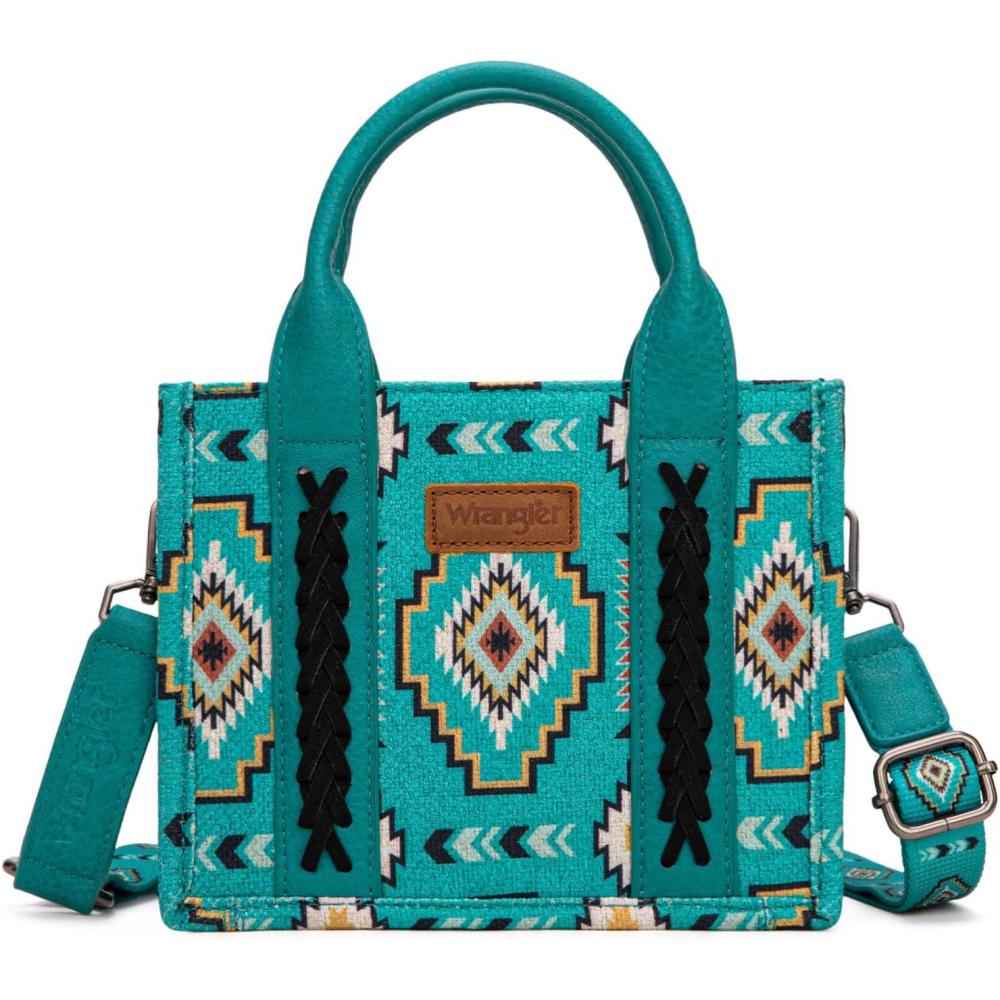 imageWrangler Mini Tote Bag Small Top Handle Bag Ladies Woven Satchel HandbagBoho Turquoise