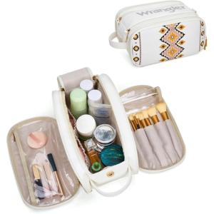 imageMontana West X Wrangler Large Makeup Bag Travel Toiletry Bag Portable Cosmetic Bag Make Up Organizer with Divider and Handle for Women AztecAztecTan