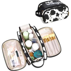 imageMontana West X Wrangler Large Makeup Bag Travel Toiletry Bag Portable Cosmetic Bag Make Up Organizer with Divider and Handle for Women AztecCowBlack