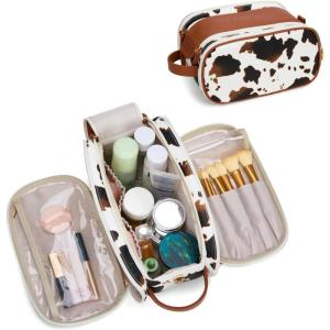 imageMontana West X Wrangler Large Makeup Bag Travel Toiletry Bag Portable Cosmetic Bag Make Up Organizer with Divider and Handle for Women AztecCowBrown