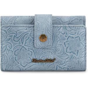 imageMontana West Brown Wallets for Women Embossed Floral Wallet Womens Trifold Small Wallets Woman Card Cash Wallet Ladies Female RFID Wallets with ID WindowJeans Blue