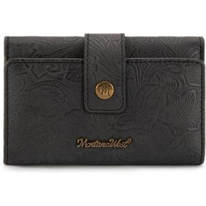 imageMontana West Brown Wallets for Women Embossed Floral Wallet Womens Trifold Small Wallets Woman Card Cash Wallet Ladies Female RFID Wallets with ID WindowBlack