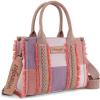 imageWrangler Tote Bag for Women Canvas Woven Top Handle Handbags with Guitar Strap Retro Purse Boho Shoulder BagHot Pink