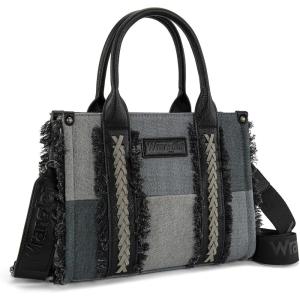 imageWrangler Tote Bag for Women Canvas Woven Top Handle Handbags with Guitar Strap Retro Purse Boho Shoulder BagBlack