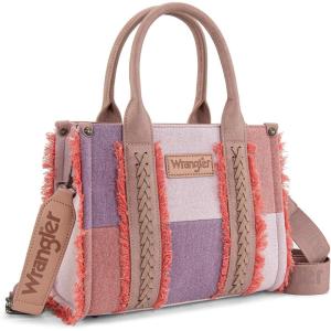 imageWrangler Tote Bag for Women Canvas Woven Top Handle Handbags with Guitar Strap Retro Purse Boho Shoulder BagHot Pink