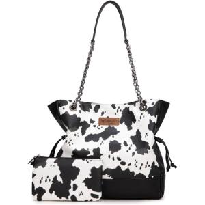 imageMontana West Wrangler Tote Bag for Women 2PCS Purses and Handbags Drawstring Shoulder Bag with Removable PouchCow Print Black