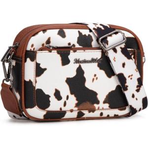 image:imageMontana West Small Crossbody Bags for Women Cow Print Purse Triple Zip Shoulder Handbags with Wide StrapCowBrown