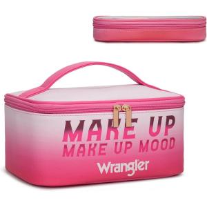 image:imageMontana West X Wrangler Travel Makeup Bag 2pcs Set Large Cosmetic Bag with Makeup Brush Holder Portable Make Up Organizer Cute Toiletry Bag with Divider and Handle for Women AztecBeigePink