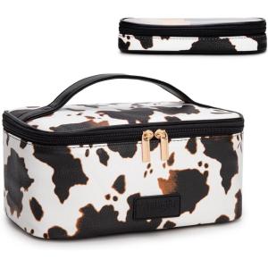 image:imageMontana West X Wrangler Travel Makeup Bag 2pcs Set Large Cosmetic Bag with Makeup Brush Holder Portable Make Up Organizer Cute Toiletry Bag with Divider and Handle for Women AztecCowBrown
