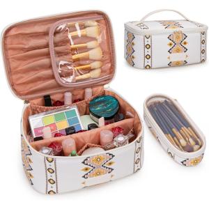 image:imageMontana West X Wrangler Travel Makeup Bag 2pcs Set Large Cosmetic Bag with Makeup Brush Holder Portable Make Up Organizer Cute Toiletry Bag with Divider and Handle for Women AztecTan