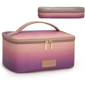 image:imageMontana West X Wrangler Travel Makeup Bag 2pcs Set Large Cosmetic Bag with Makeup Brush Holder Portable Make Up Organizer Cute Toiletry Bag with Divider and Handle for Women AztecPurple