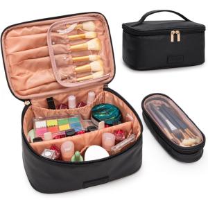 image:imageMontana West X Wrangler Travel Makeup Bag 2pcs Set Large Cosmetic Bag with Makeup Brush Holder Portable Make Up Organizer Cute Toiletry Bag with Divider and Handle for Women AztecBlack