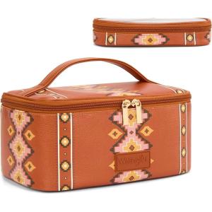 image:imageMontana West X Wrangler Travel Makeup Bag 2pcs Set Large Cosmetic Bag with Makeup Brush Holder Portable Make Up Organizer Cute Toiletry Bag with Divider and Handle for Women AztecAztecBrown