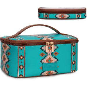 image:imageMontana West X Wrangler Travel Makeup Bag 2pcs Set Large Cosmetic Bag with Makeup Brush Holder Portable Make Up Organizer Cute Toiletry Bag with Divider and Handle for Women AztecTurquoise