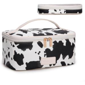 image:imageMontana West X Wrangler Travel Makeup Bag 2pcs Set Large Cosmetic Bag with Makeup Brush Holder Portable Make Up Organizer Cute Toiletry Bag with Divider and Handle for Women AztecCowBlack