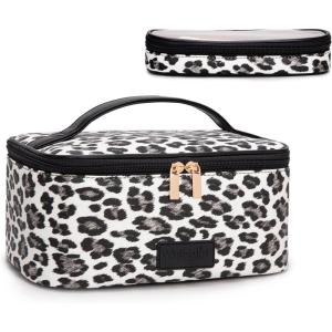 image:imageMontana West X Wrangler Travel Makeup Bag 2pcs Set Large Cosmetic Bag with Makeup Brush Holder Portable Make Up Organizer Cute Toiletry Bag with Divider and Handle for Women AztecLeopardBlack