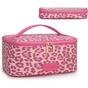 image:imageMontana West X Wrangler Travel Makeup Bag 2pcs Set Large Cosmetic Bag with Makeup Brush Holder Portable Make Up Organizer Cute Toiletry Bag with Divider and Handle for Women AztecLeopardPink