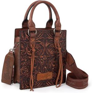 image:imageWrangler Embossed Crossbody Purse for Women Top Handle Fringe Handbags and Western Mini ToteAngel Brown