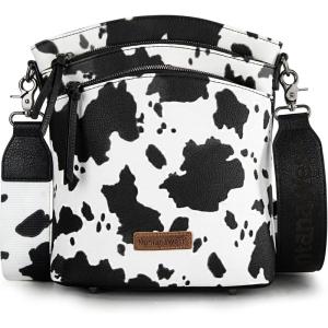 image:imageMontana West Multi Zip Pocket Large Crossbody Bag With Guitar StrapClassic Cow Pattern Black