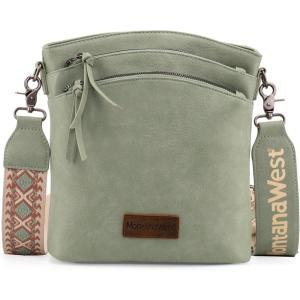 image:imageMontana West Multi Zip Pocket Large Crossbody Bag With Guitar StrapClassic Green