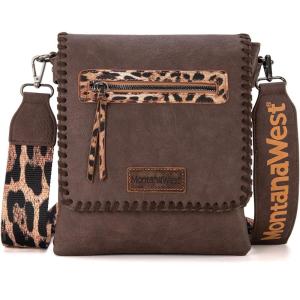 image:imageMontana West Crossbody Bags for Women with Dual Compartments Western Cross Body Purse with Leopard Print Guitar StrapCoffee