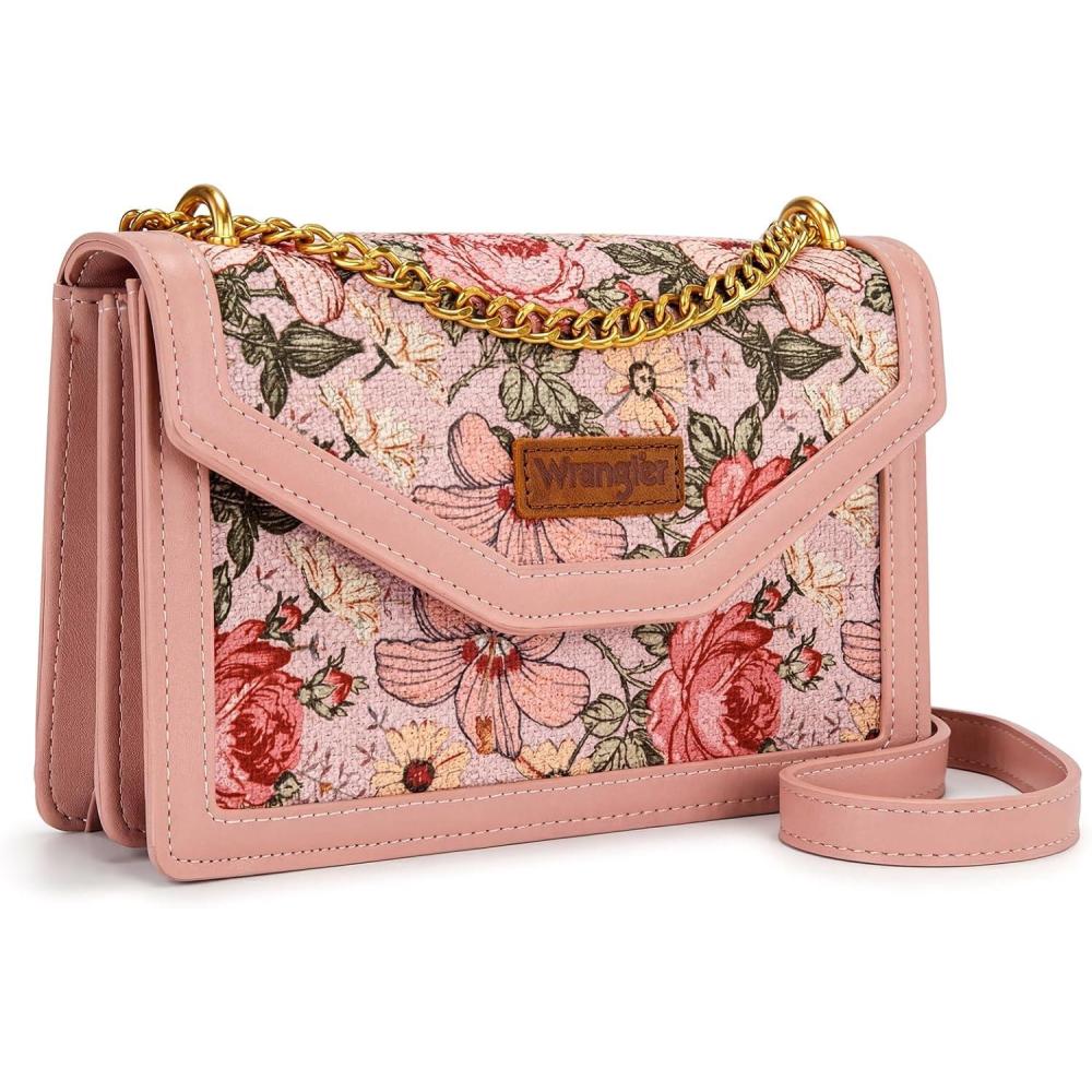 image:imageWrangler Flap Shoulder Bag for Women Vintage Floral Tooled Crossbody Purse with Chain StrapFloralpink