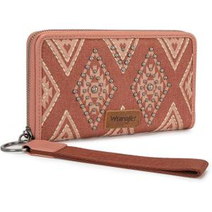 image:imageMontana West X Wrangler Western Wristlet Wallet for Women Aztec Studded Wallet Large Capacity Clutch Wallets with ID WindowDenim Pink